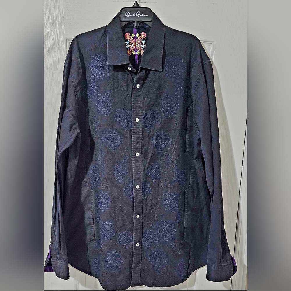 Robert Graham Navy Patterned Long Sleeve Shirt Size 2XLT.
